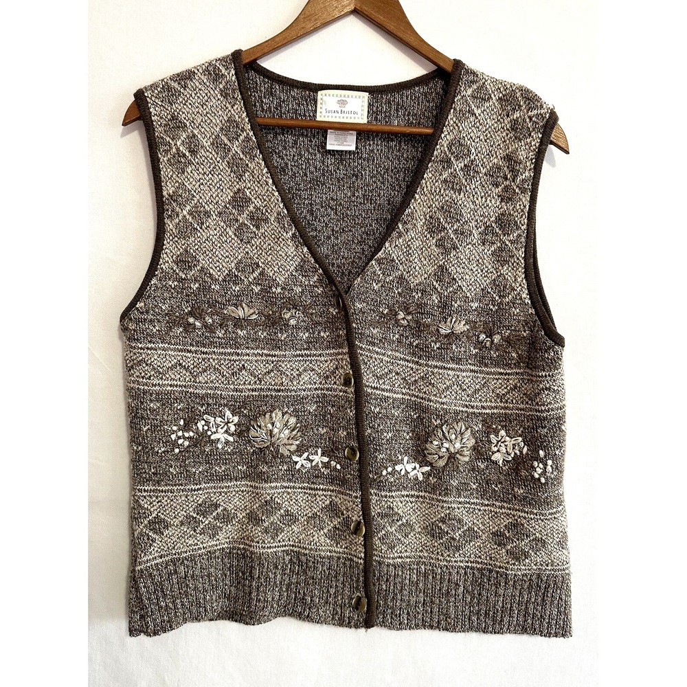 Susan Bristol Knit Sweater Vest Women M Hand Embroidered Silk Wool Blend
